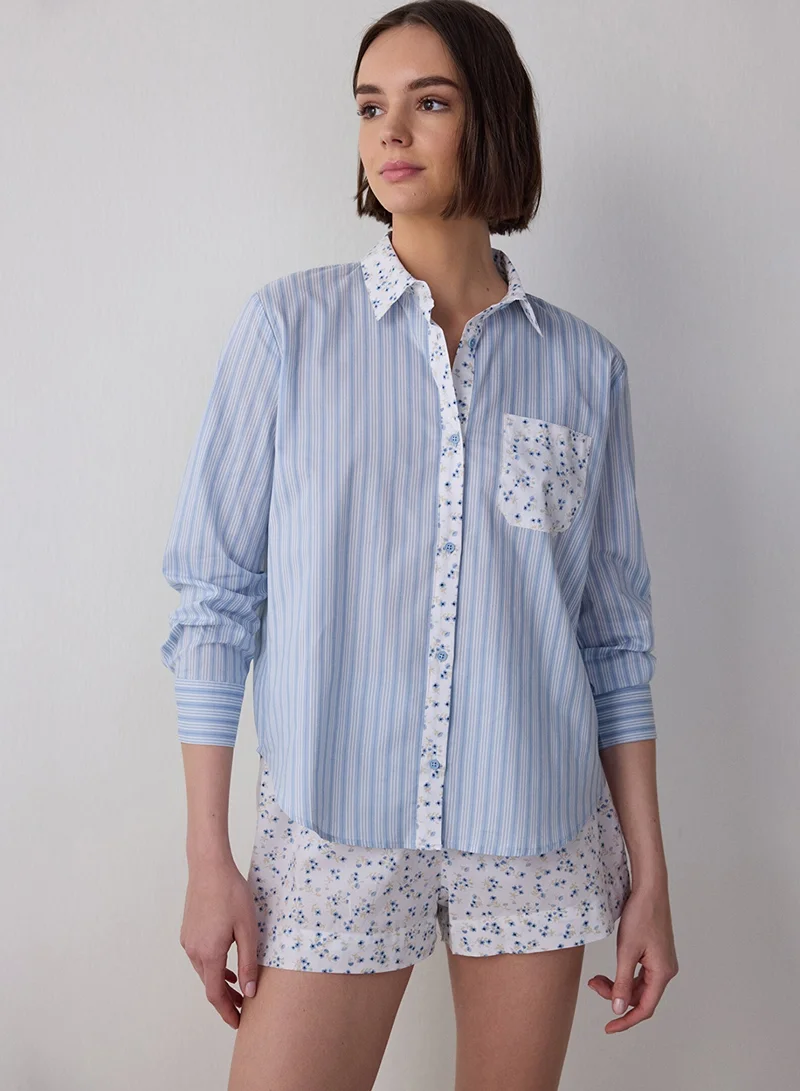 بنتي طقم بيجامة بأكمام طويلة وياقة قميص وشورت